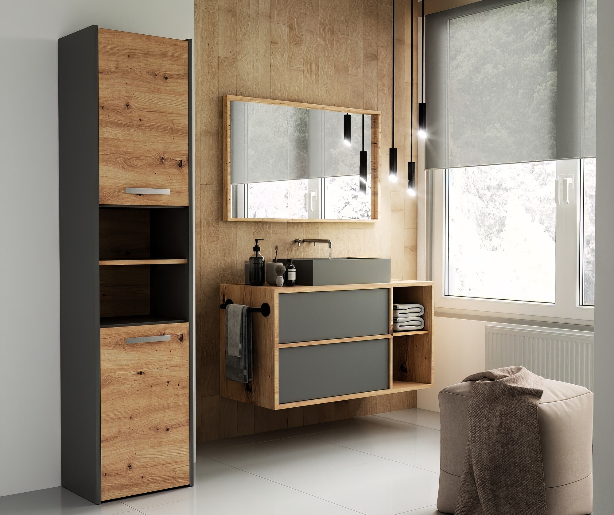 Όρθιο ντουλάπι μπάνιου Mandeville 250 (Ανθρακί + Artisan βελανιδιά)