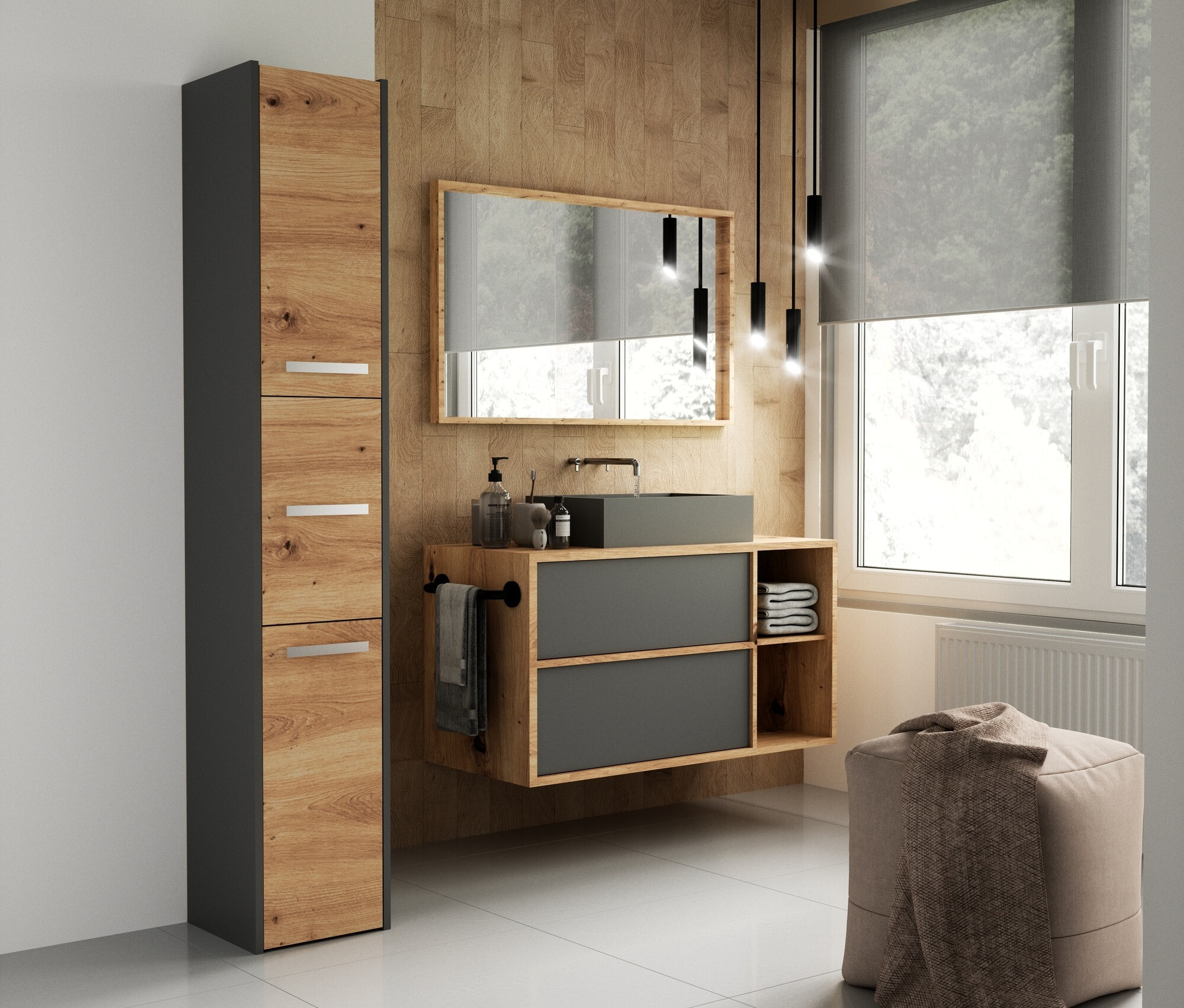 Όρθιο ντουλάπι μπάνιου Mandeville 249 (Ανθρακί + Artisan βελανιδιά)